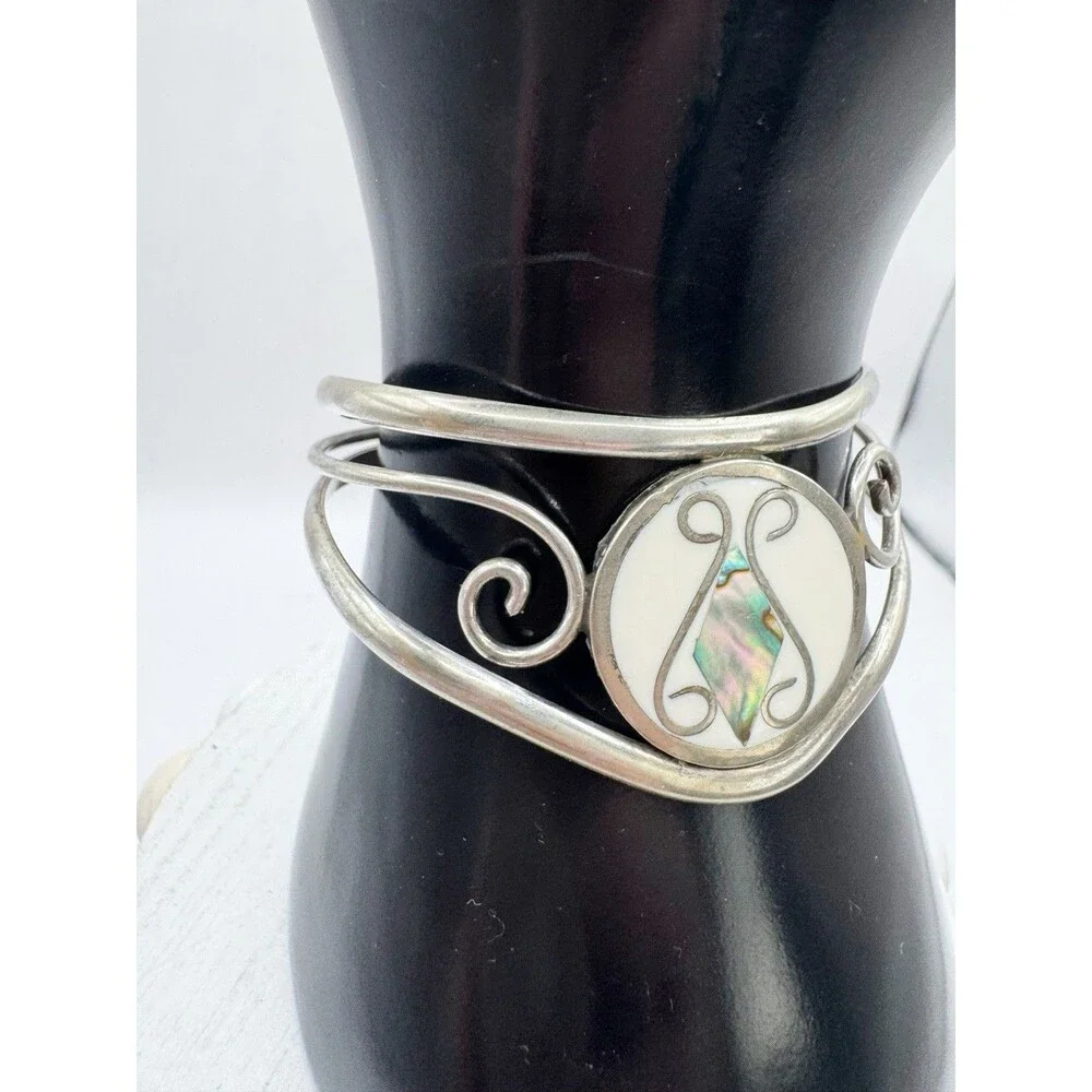 Vintage Alpaca Mexico Abalone Inlay Shell Cuff Bracelet Bohemian Chunky